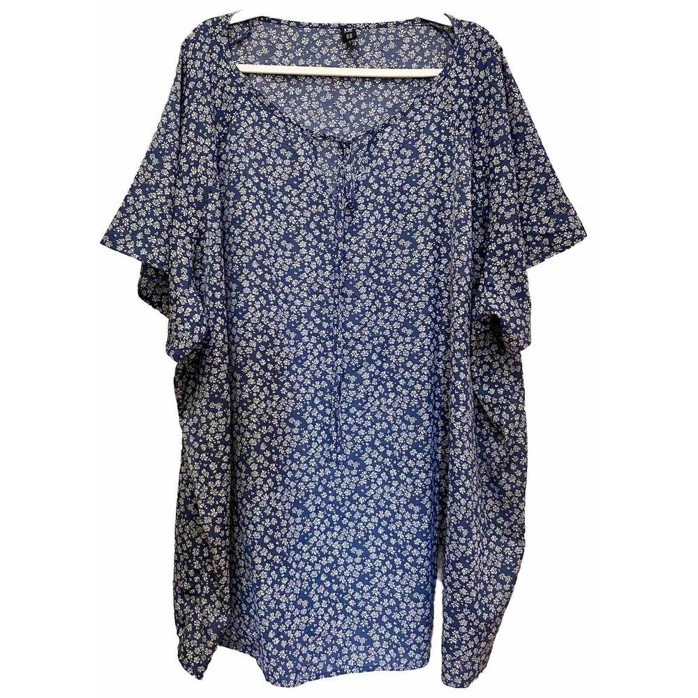 Bloomchic 30 Tunic Top Blue White Floral S/S Flare Sleeves‎ Boho Comfy EUC